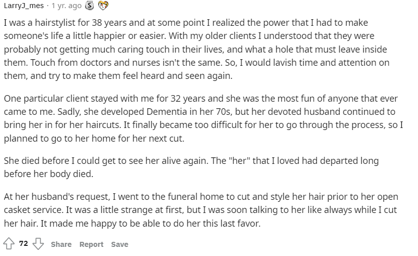 Hairstylist shares her own experiences with dementia patients.