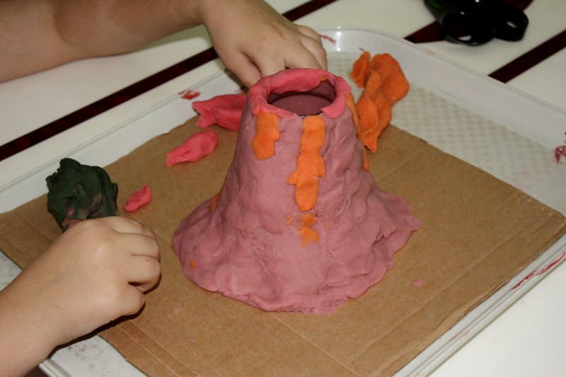 Making a playdough volcano