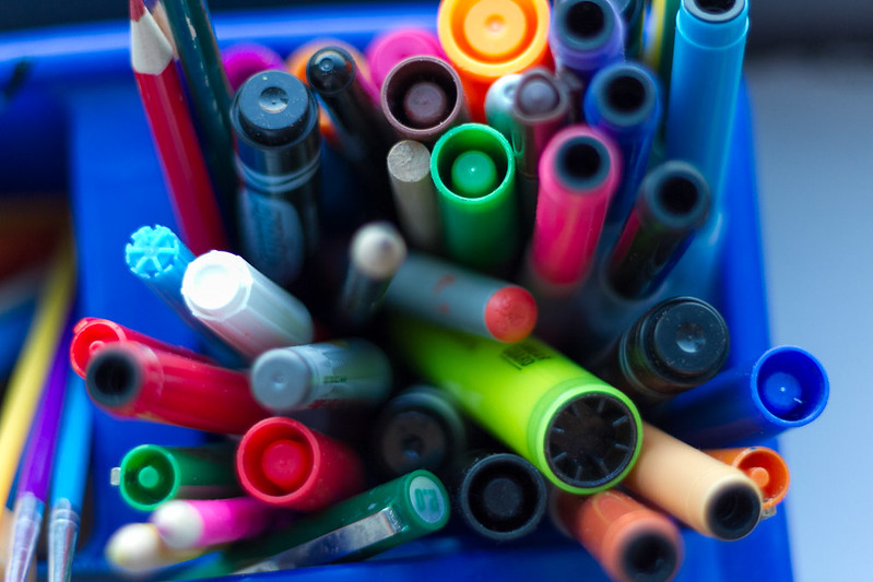 Art supplies: markers, pens, highlighters