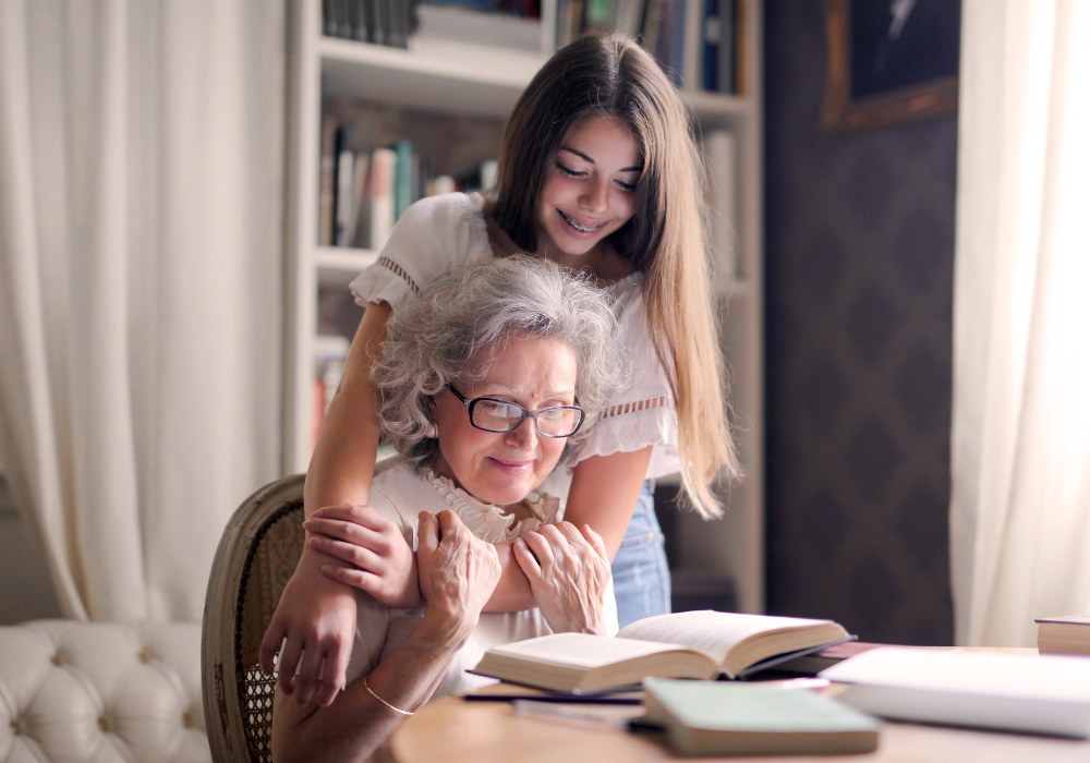 A hug for Grandma as she reads