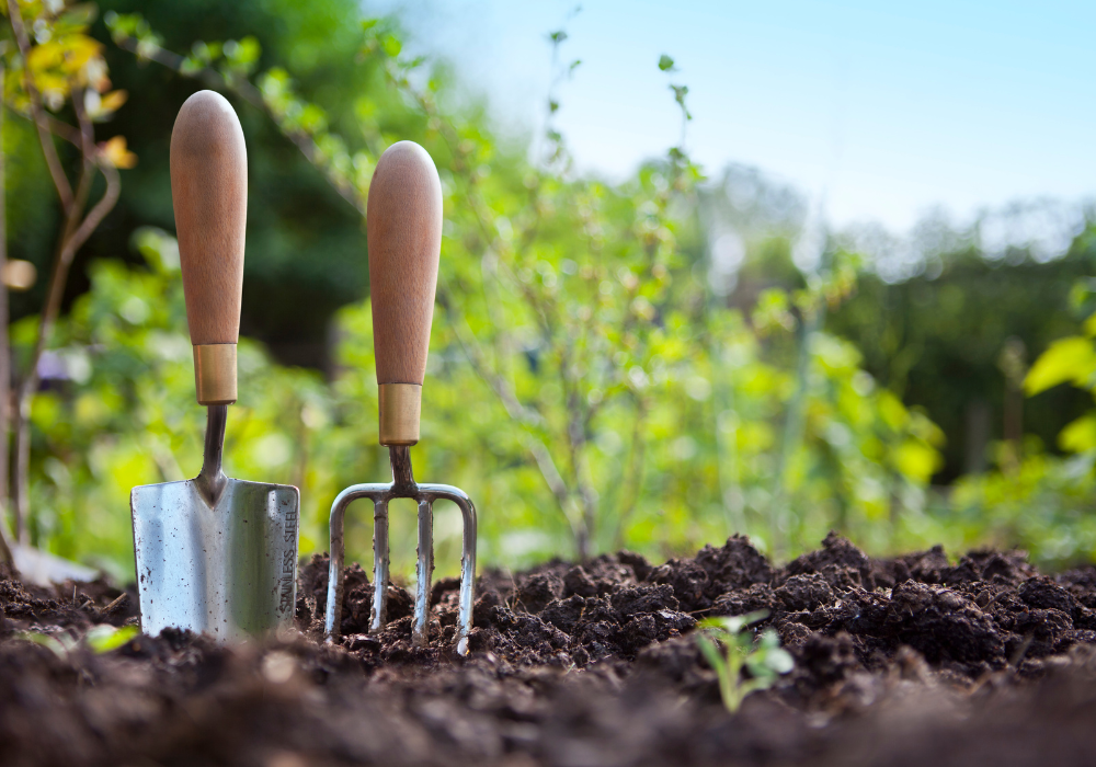 Garden tools in the dirt