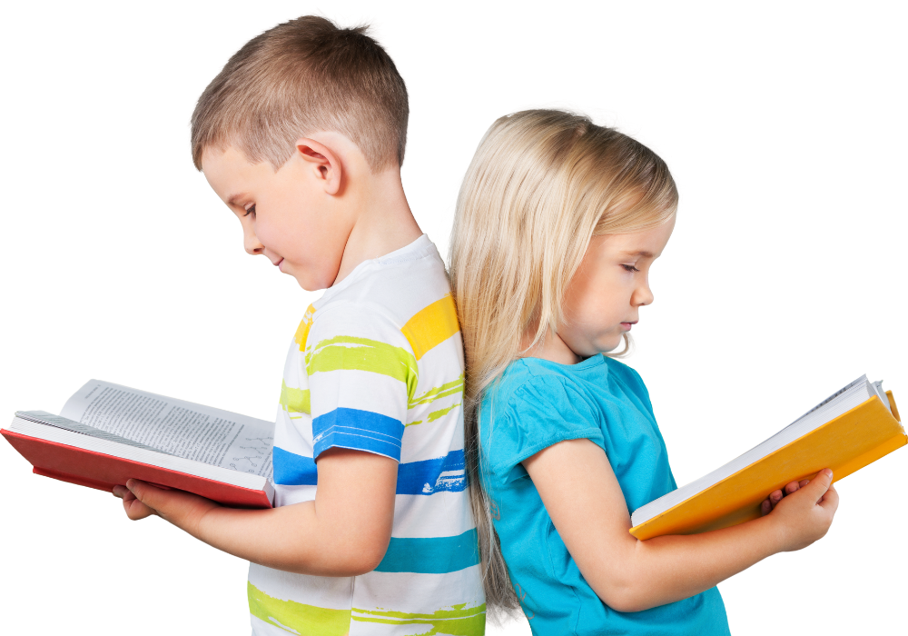 Boy and girl reading back-to-back