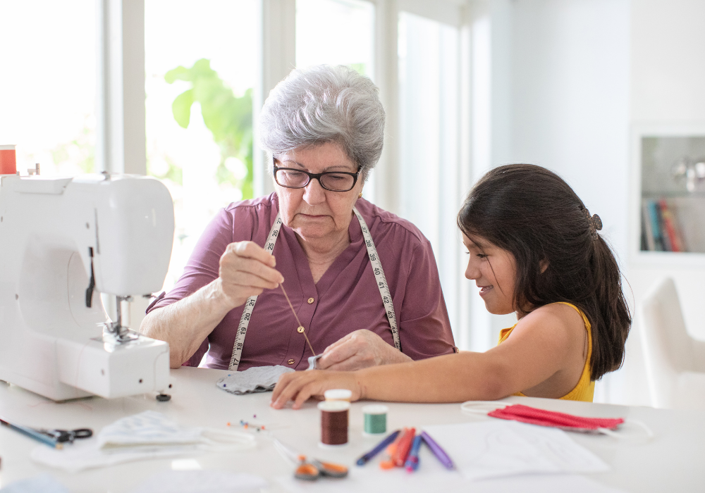Sewing with grandmother