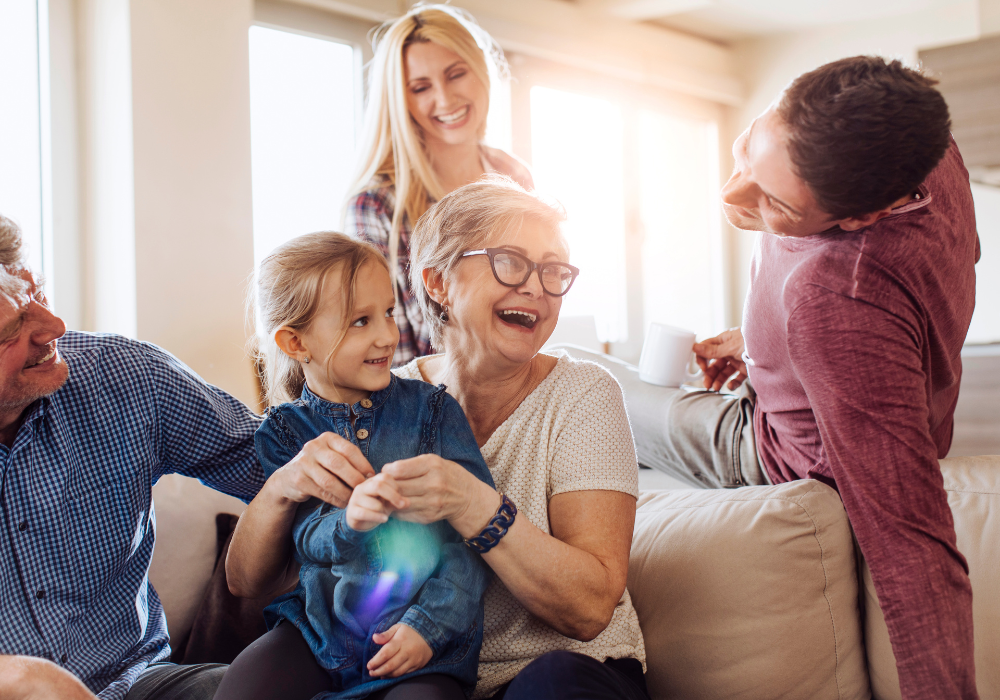 The whole family laughing in the living room