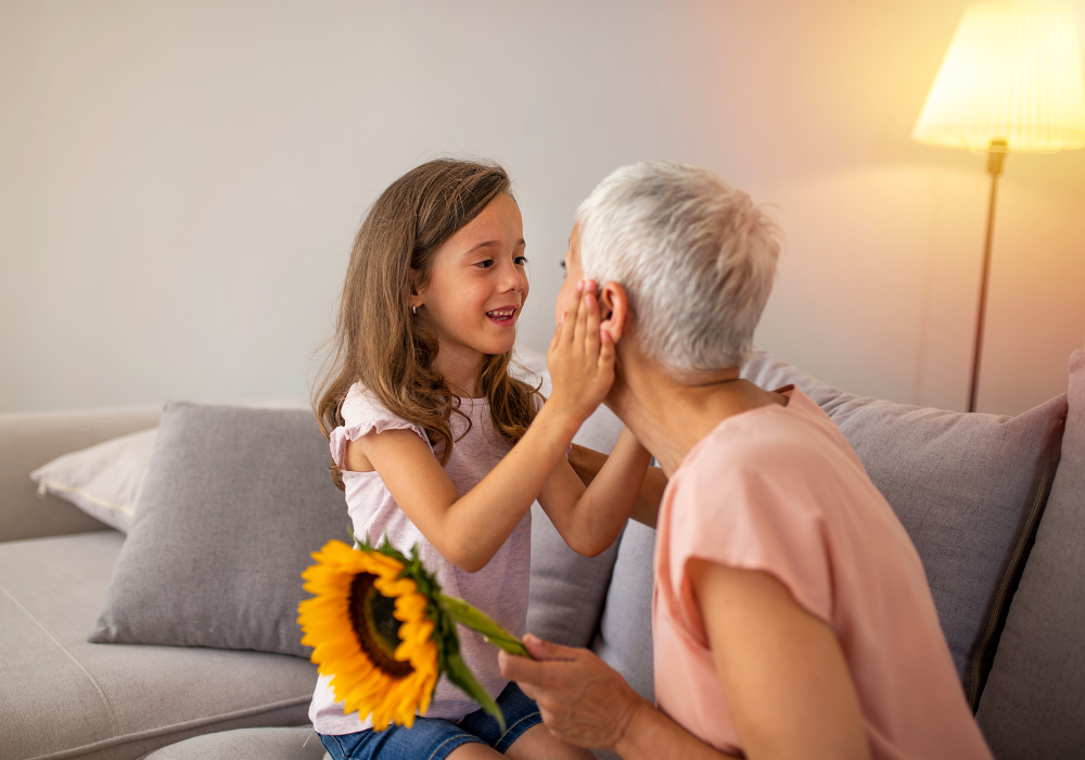 With Grandmother and a sunflower