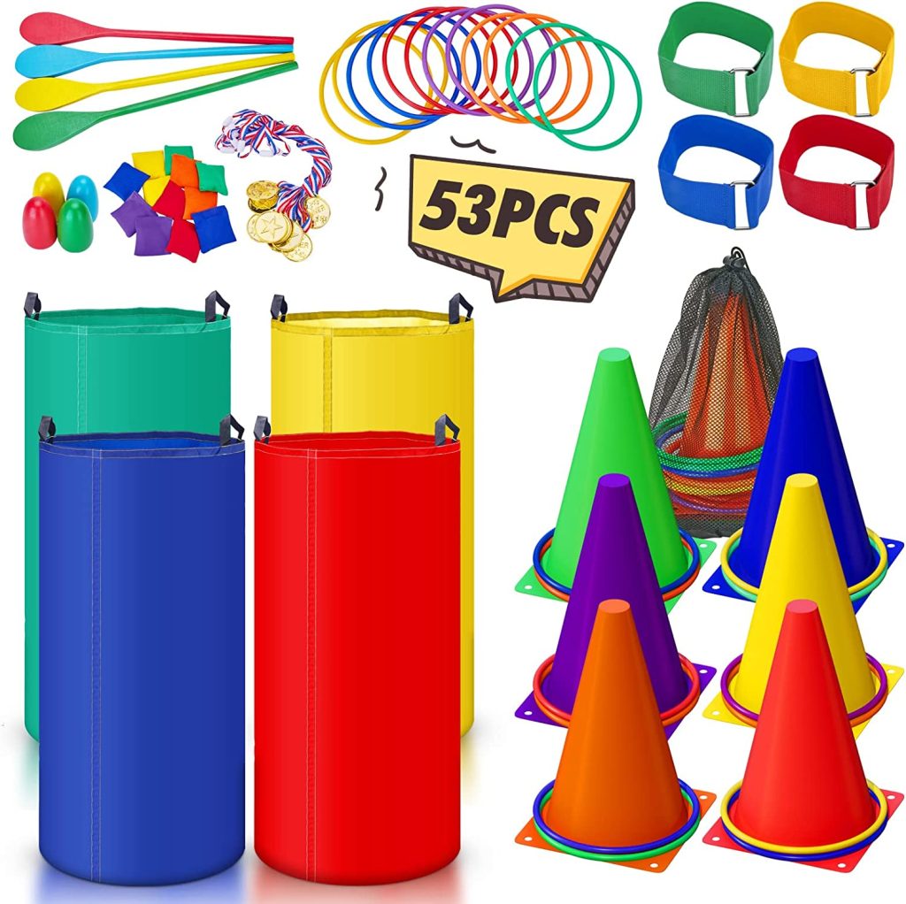 53PCS Outdoor Lawn Carnival Games Bean Bags Ring Toss Set Potato Sack Race Bags Egg and Spoon Race Games
