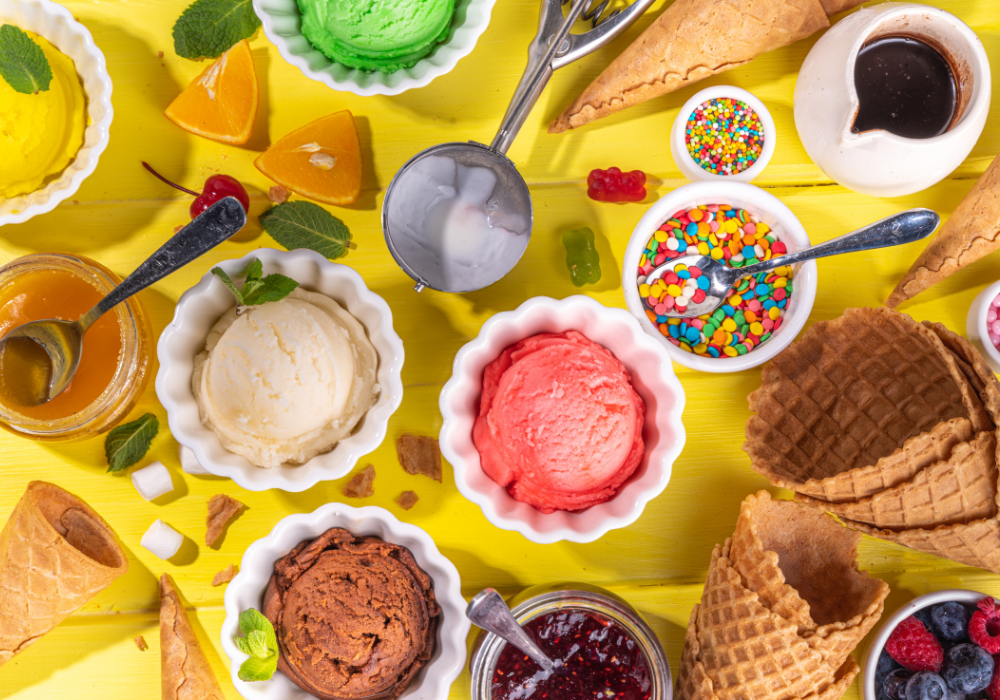 Ice cream and toppings on the table