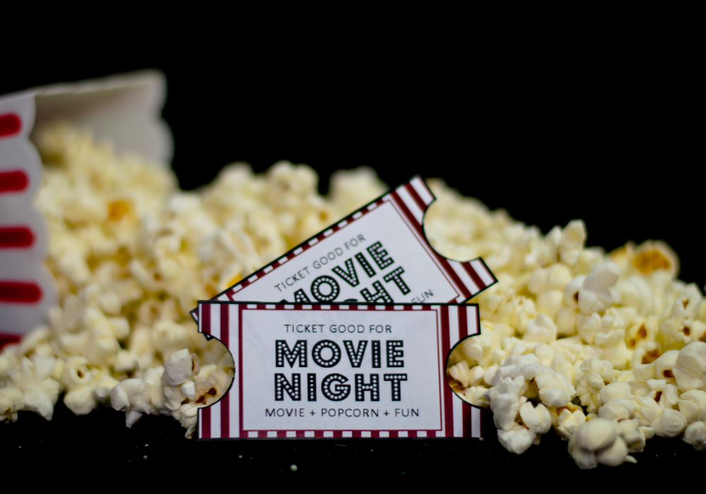 Movie night tickets and popcorn