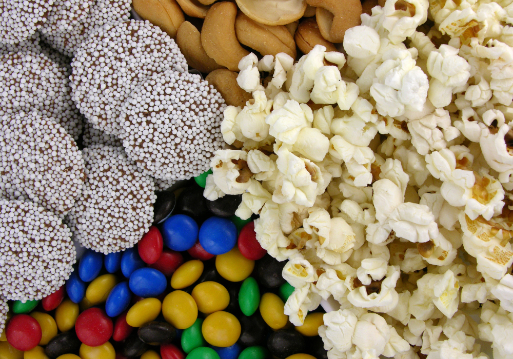 Popcorn, chocolate, and candies