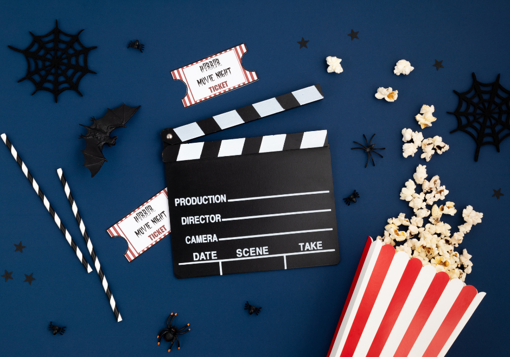 Movie clapper and popcorn
