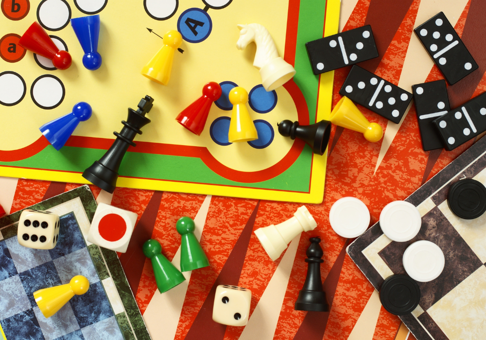 Various board games and pieces