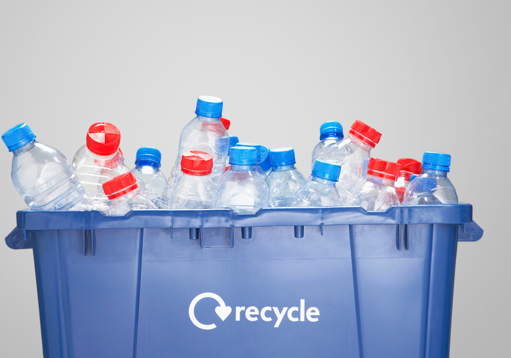 Recycling bin full of empty bottles