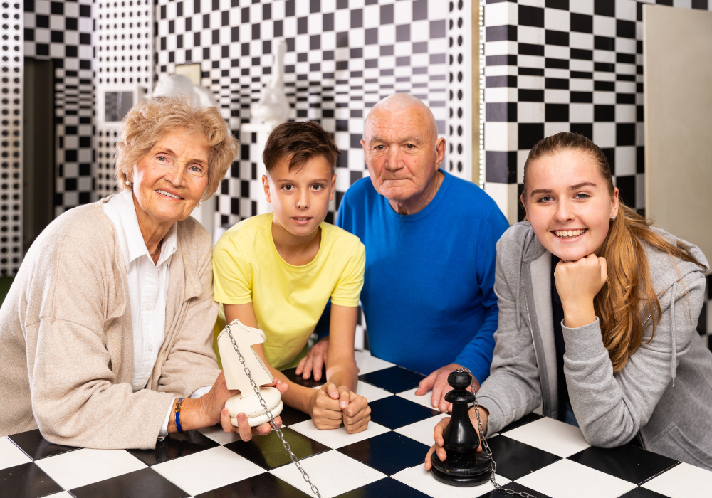 Family photo on a giant chess board