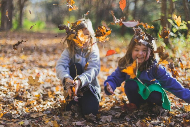 children playing with leaves in fall