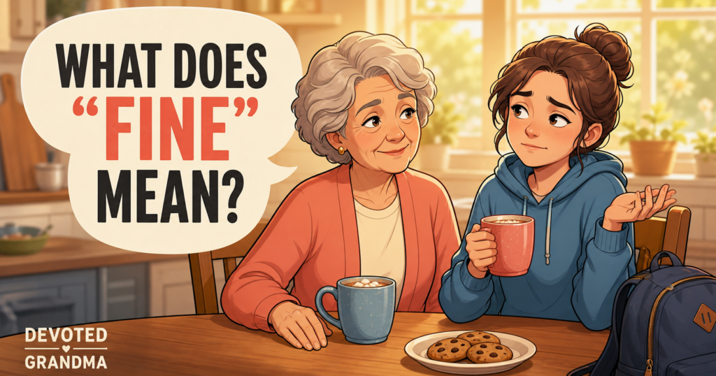 Grandmother listens patiently as her teenage granddaughter gives a guarded shrug at a sunny kitchen table beneath the headline “What Does ‘Fine’ Mean?”