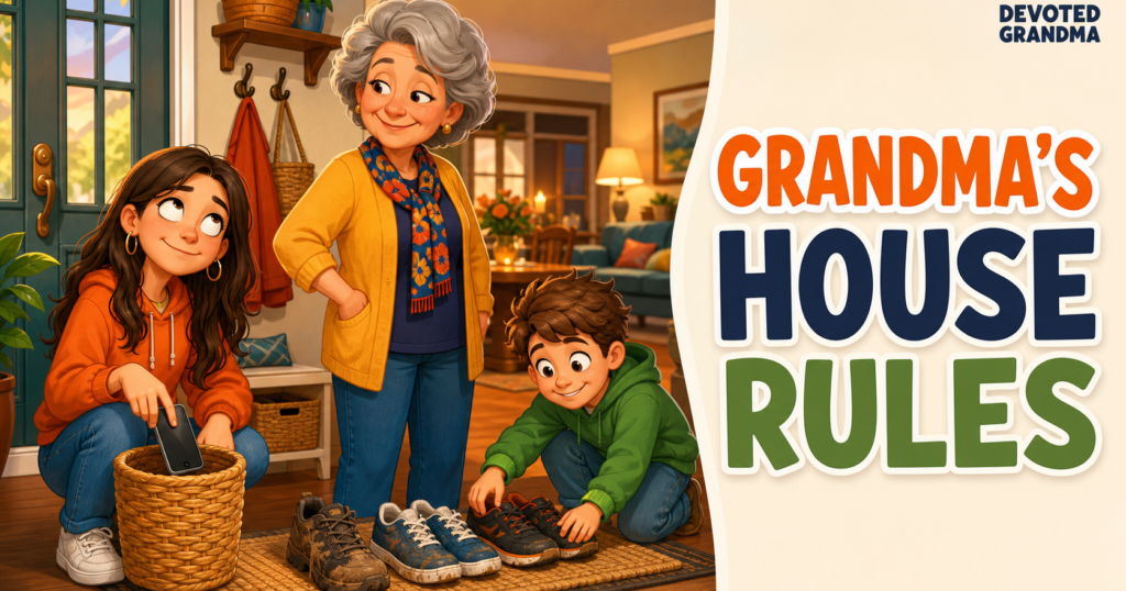 A smiling grandmother watches as a teen playfully rolls her eyes while putting away a phone and a younger grandchild places muddy shoes by the door beneath the