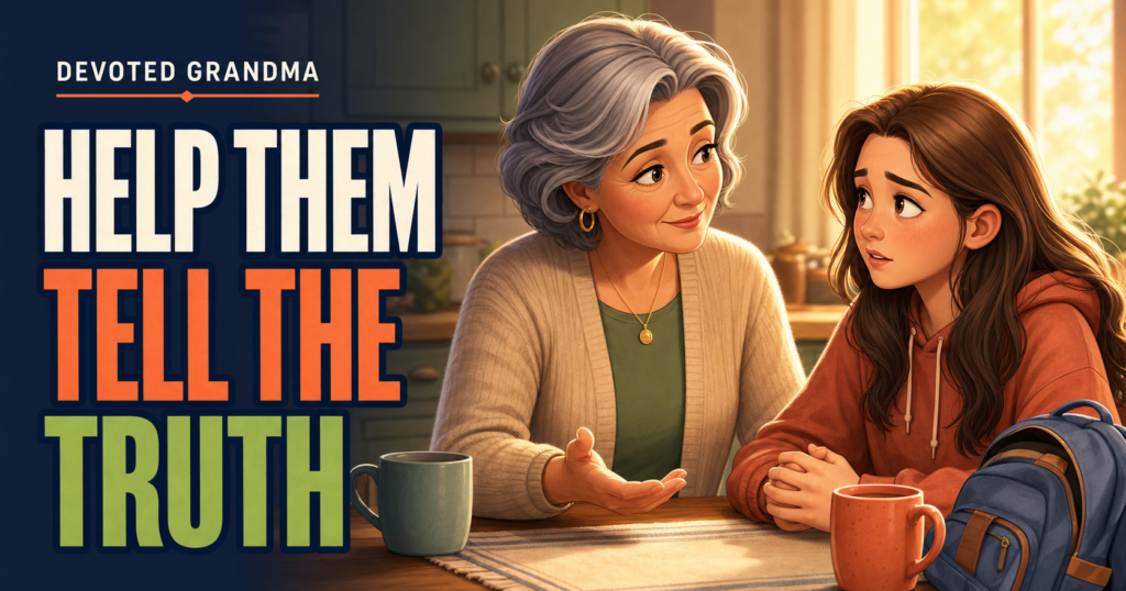 A calm grandmother listens as her worried teenage granddaughter begins to confide at a warmly lit kitchen table, beside the headline “HELP THEM TELL THE TRUTH.”