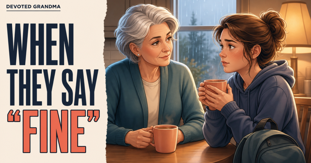 Illustrated grandmother listening gently as her teenage granddaughter begins to talk at a warm kitchen table, with the headline “When They Say ‘Fine’” and the “