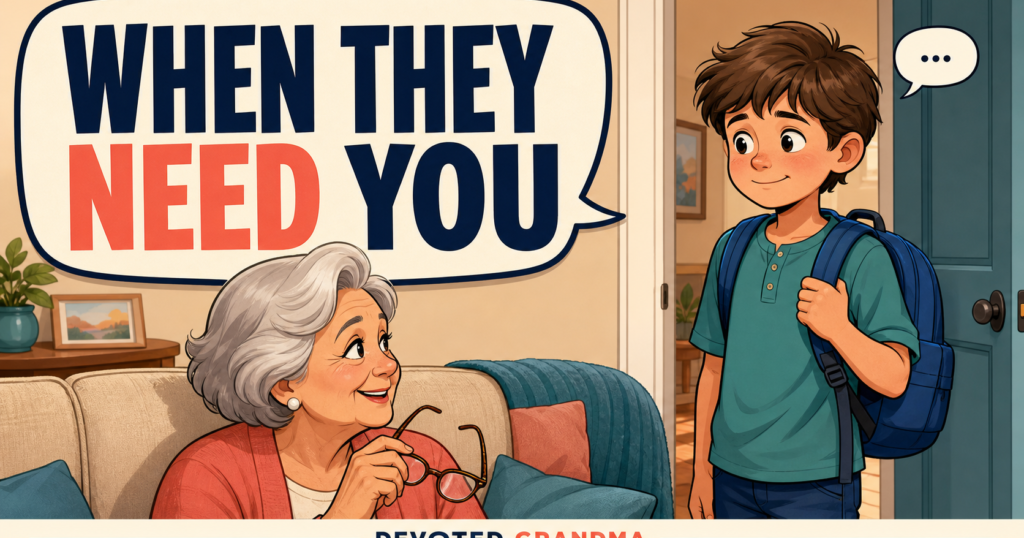 Grandmother turns warmly toward a grandchild lingering with a backpack beneath the headline “11 Quiet Clues” and the Devoted Grandma wordmark.