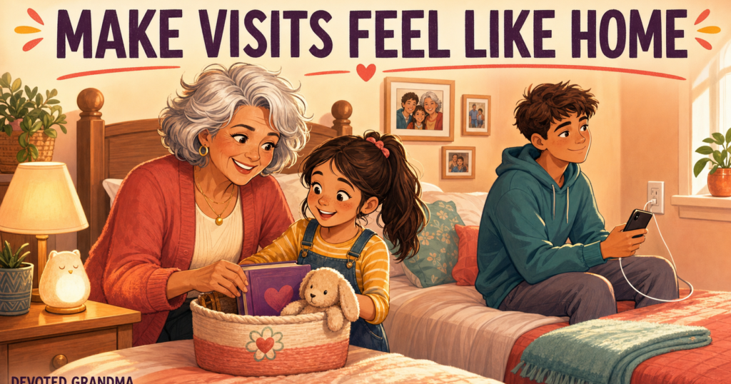 A smiling grandmother helps two grandchildren settle comfortably into a cozy guest room.