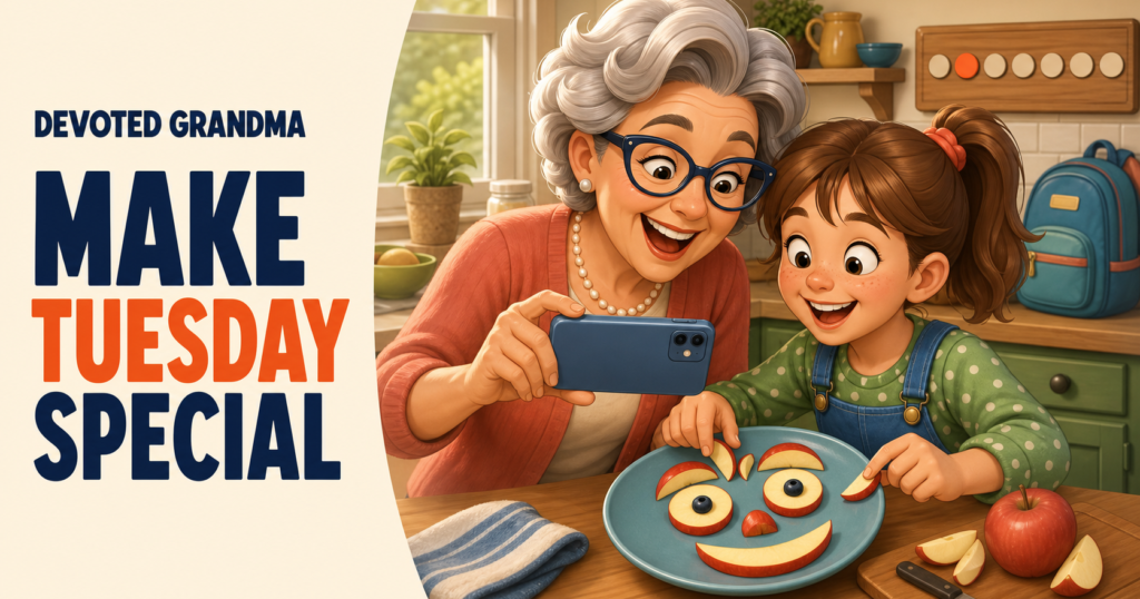 A grandmother and granddaughter laugh while photographing an apple-slice face at a cozy kitchen table beneath the headline “Make Tuesday Special.”