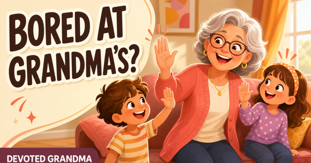 Illustrated grandmother and two grandkids laughing as they mirror one another’s raised-hand gestures in a sunny living room, beside the headline “Bored at