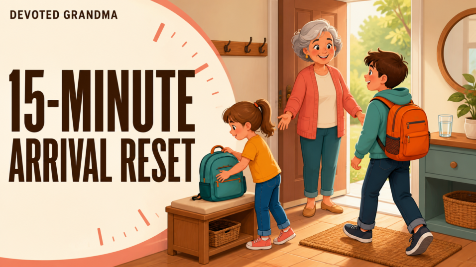 Illustration of a grandmother calmly welcoming two grandchildren as one places a backpack on an entry bench, beside the headline “15-Minute Arrival Reset.”