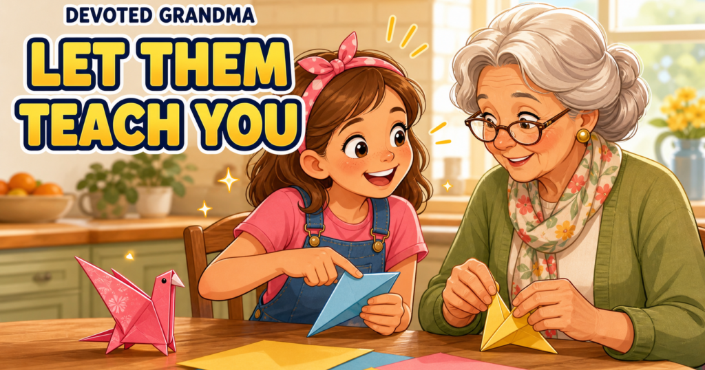 A confident granddaughter teaches her delighted grandmother how to fold a paper bird at a sunny kitchen table beneath the headline “LET THEM TEACH YOU.”