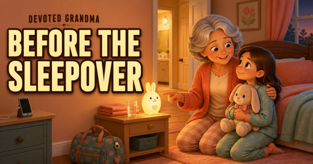 Grandmother reassures her pajama-clad granddaughter beside a softly glowing night-light in a cozy guest bedroom.