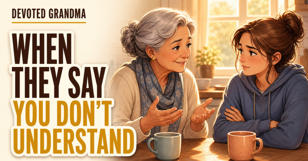 A calm grandmother listens with open hands as her frustrated teenage granddaughter begins to soften across a kitchen table, beside the headline “6 Calm Replies