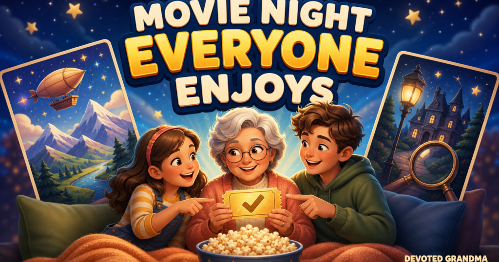 Grandmother and two grandkids happily agreeing on a movie between two choices, with popcorn ready for movie night.