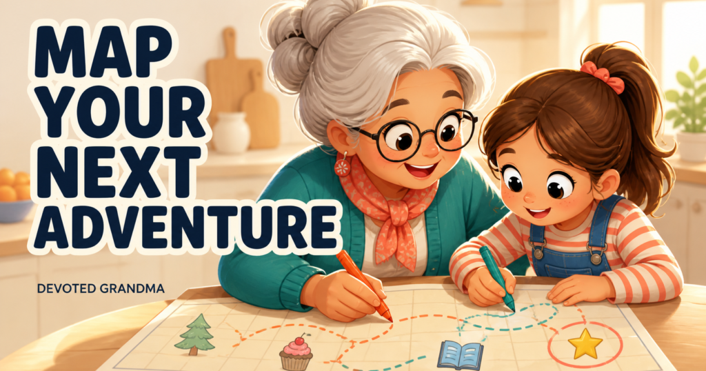 A grandmother and grandchild use coral and teal markers to add favorite places to one shared paper map, beneath the headline “Map Your Next Adventure.”