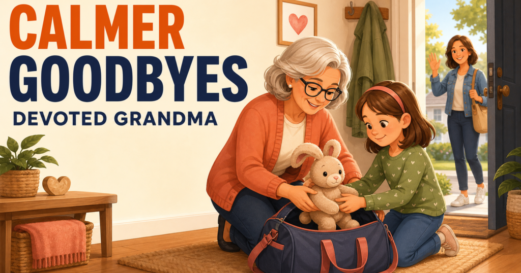 Grandmother and grandchild calmly pack a stuffed rabbit into an overnight bag by the door beneath the headline “Calmer Goodbyes.”