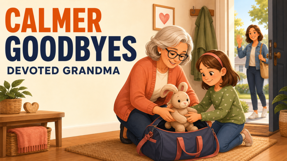 Grandmother and grandchild calmly pack a stuffed rabbit into an overnight bag by the door beneath the headline “Calmer Goodbyes.”