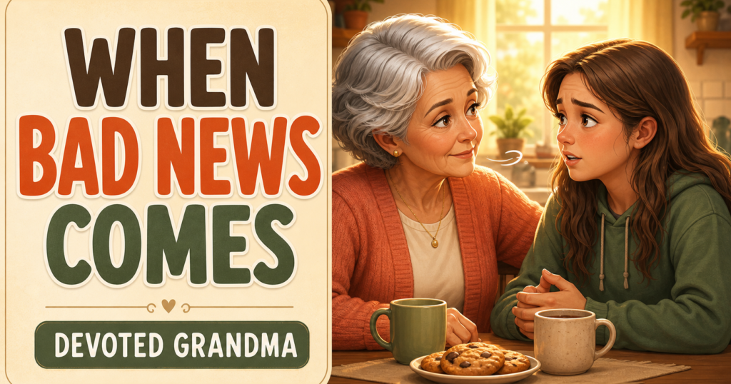 Illustration of a grandmother calmly listening to her worried teenage granddaughter at a warm kitchen table beside the headline “WHEN BAD NEWS COMES” and the