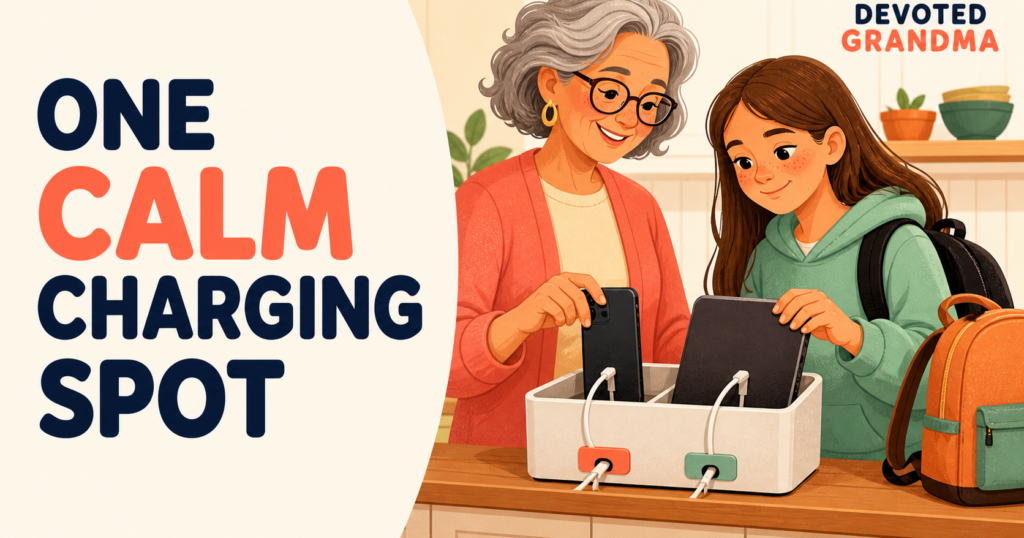 Illustration of a grandmother and teenage granddaughter calmly placing a phone and tablet at an organized charging spot, beside the headline “One Calm Charging