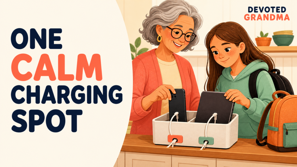 Illustration of a grandmother and teenage granddaughter calmly placing a phone and tablet at an organized charging spot, beside the headline “One Calm Charging