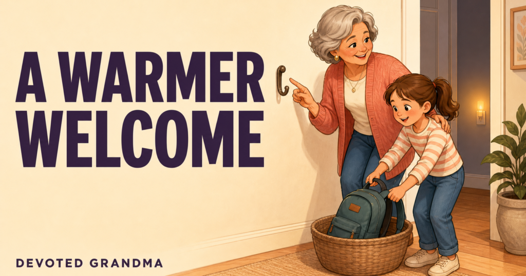 A grandmother welcomes her grandchild as the child places a backpack in a low entryway basket, with a softly lit hallway beyond.
