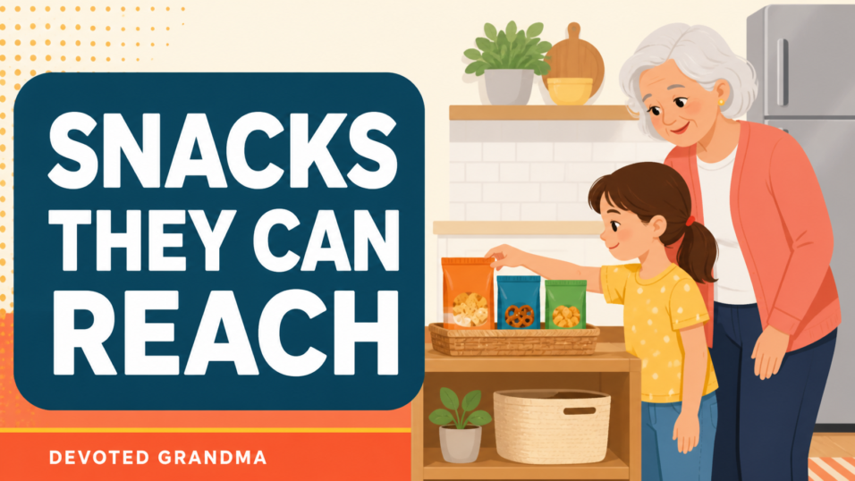 A grandmother smiles as her grandchild chooses a snack from a low, easy-to-reach kitchen shelf.