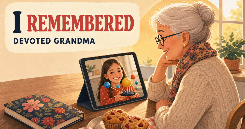 Warm illustration of a grandmother video-calling her smiling granddaughter, who holds up a science model, beside the headline “I REMEMBERED.”