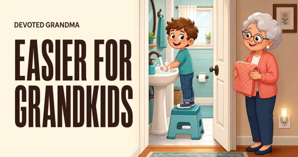 A grandmother waits outside a bright bathroom while her grandchild uses a step stool to wash at the sink.