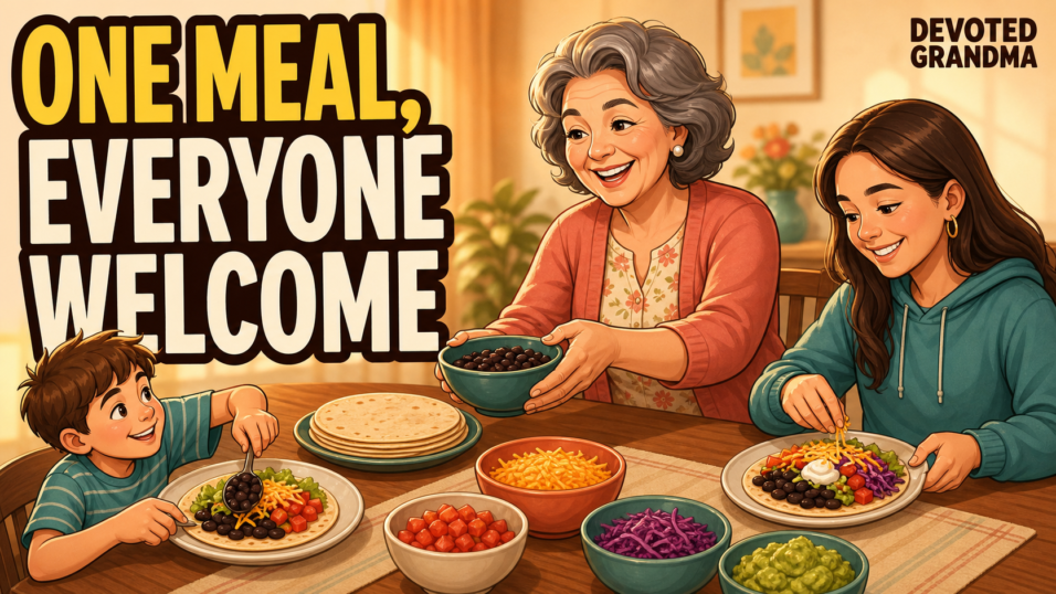 Grandmother and two grandchildren happily choosing different taco ingredients from one shared meal beneath the headline “One Meal, Everyone Welcome.”