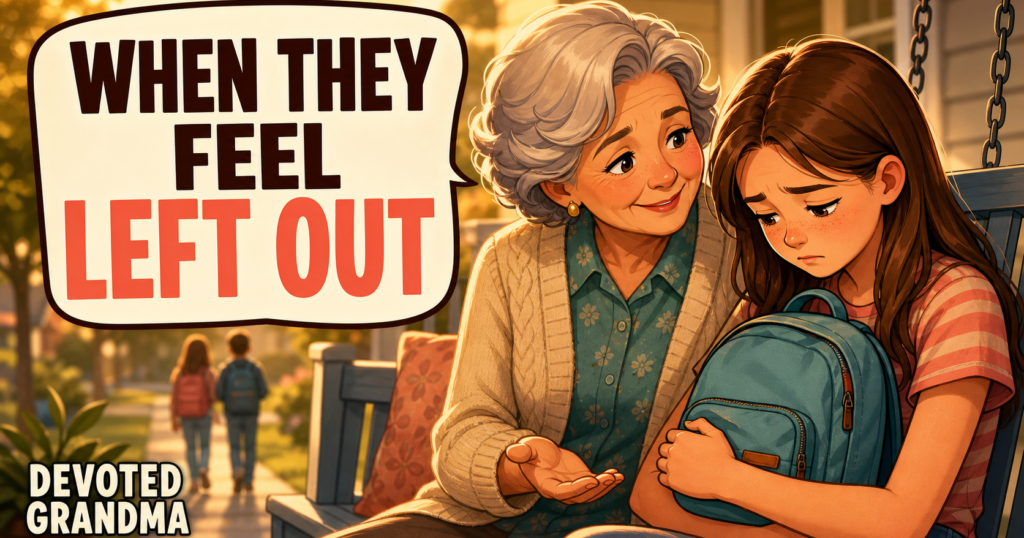 Grandmother listens gently to her disappointed granddaughter on a porch swing beneath the headline “When They Feel Left Out.”