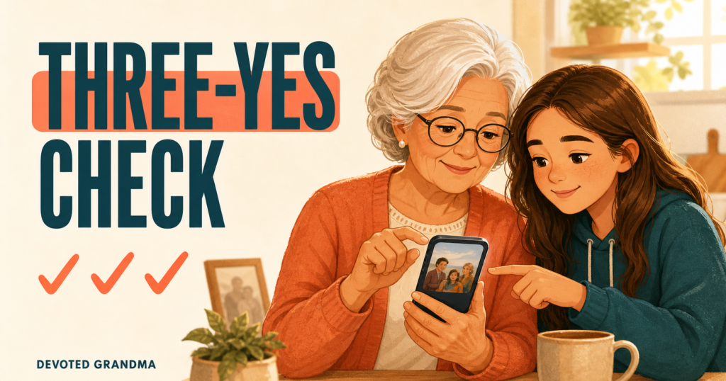 A grandmother and teenage granddaughter calmly review a family photo on a phone beneath the headline “THREE-YES CHECK.”