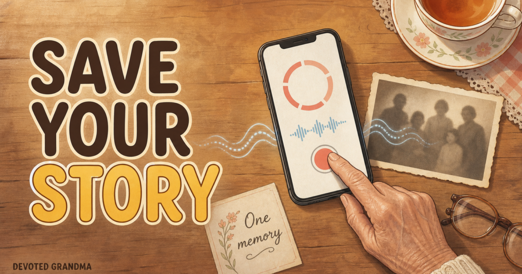 Overhead illustration of a grandmother’s hand starting a five-minute voice recording beside an old family photograph, with the headline “SAVE YOUR STORY” andthe
