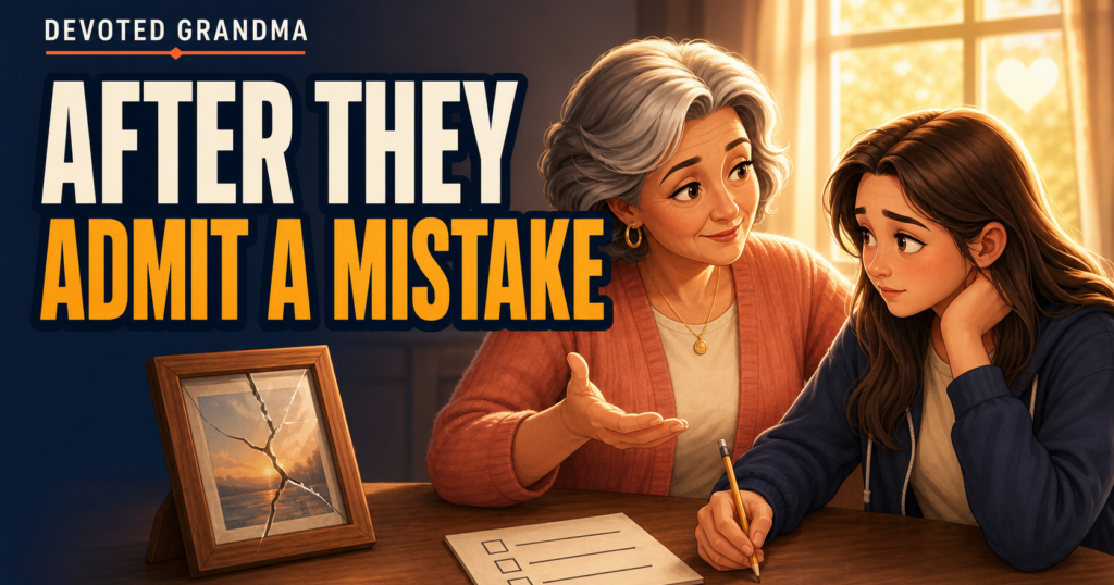 A grandmother helps her teenage granddaughter write a repair plan beside a cracked picture frame, with the headline “After They Admit a Mistake.”