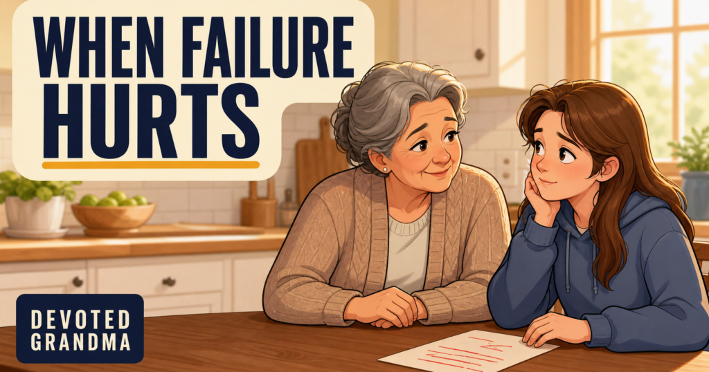Illustrated grandmother listening gently to her disappointed teenage granddaughter beside a face-down school paper, with the headline “WHEN FAILURE HURTS” and a