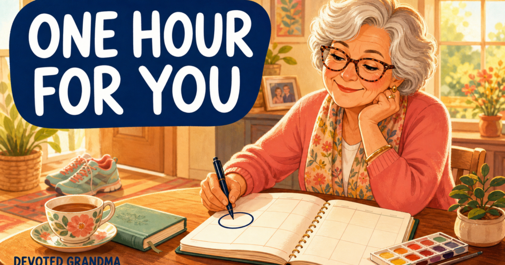A grandmother circles one hour in her weekly planner at a sunny table.