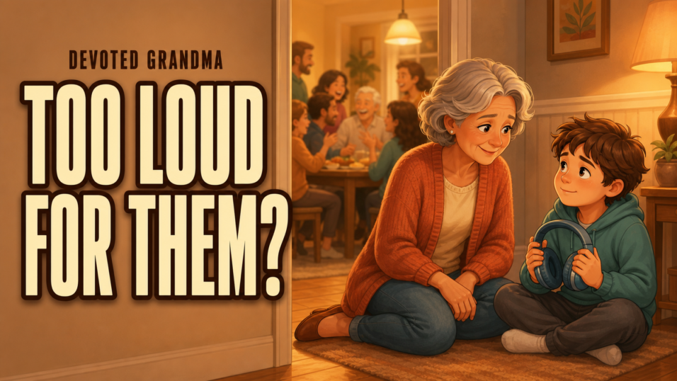 A grandmother calmly supports her grandchild with headphones in a quiet nook beside a busy family gathering, with the headline “TOO LOUD FOR THEM?”