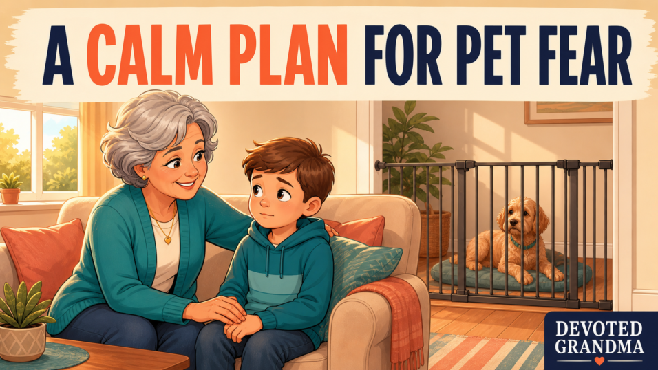 Grandmother reassuring a cautious grandchild in a warm living room while a calm dog rests securely behind a closed child gate, beneath the headline “Pet Fear at